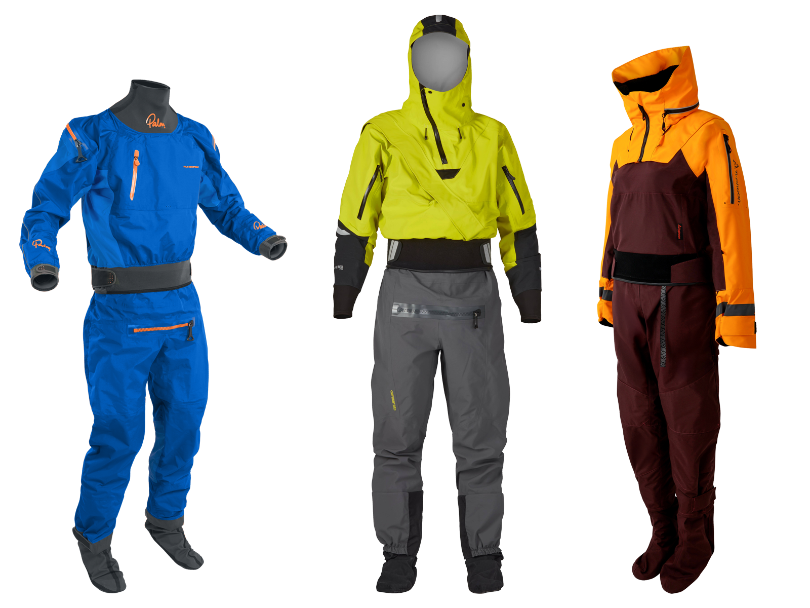 Blue Palm Atom Drysuit, Yellow NRS Navigator GORE-TEX Drysuit, Orange Womens Typhoon Sea Kayak Suit