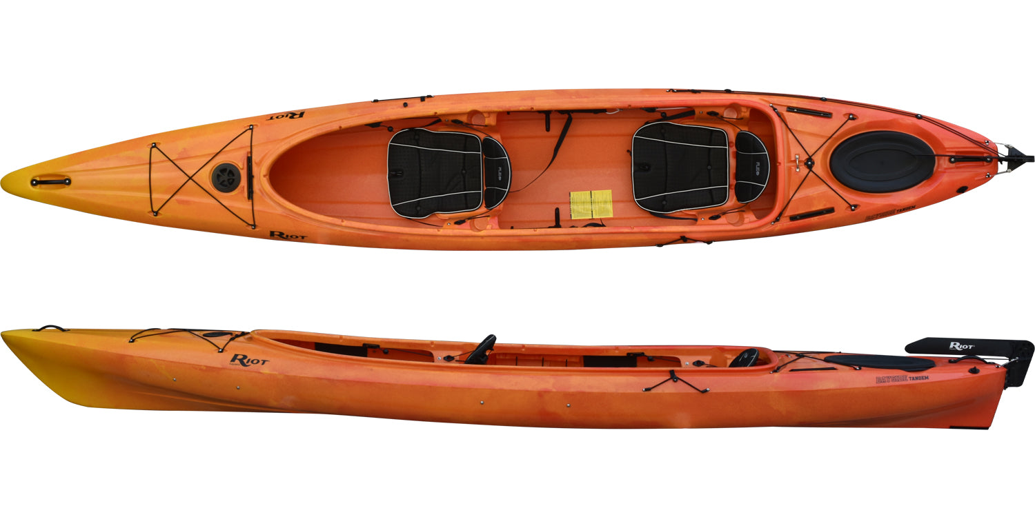 The Riot Bayside Tandem Kayak, with the Rudder, in the Sunset colour